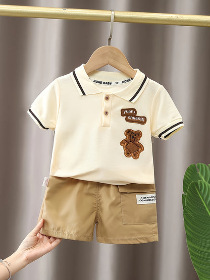 Kids' Cotton Animal Print Short-Sleeve T-Shirt Set, Casual Lapel Style