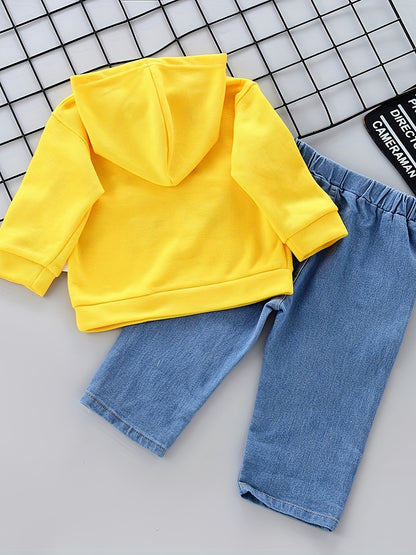 Boys Cotton Crown Print Hoodie & Denim Pants Set for Spring-Fall