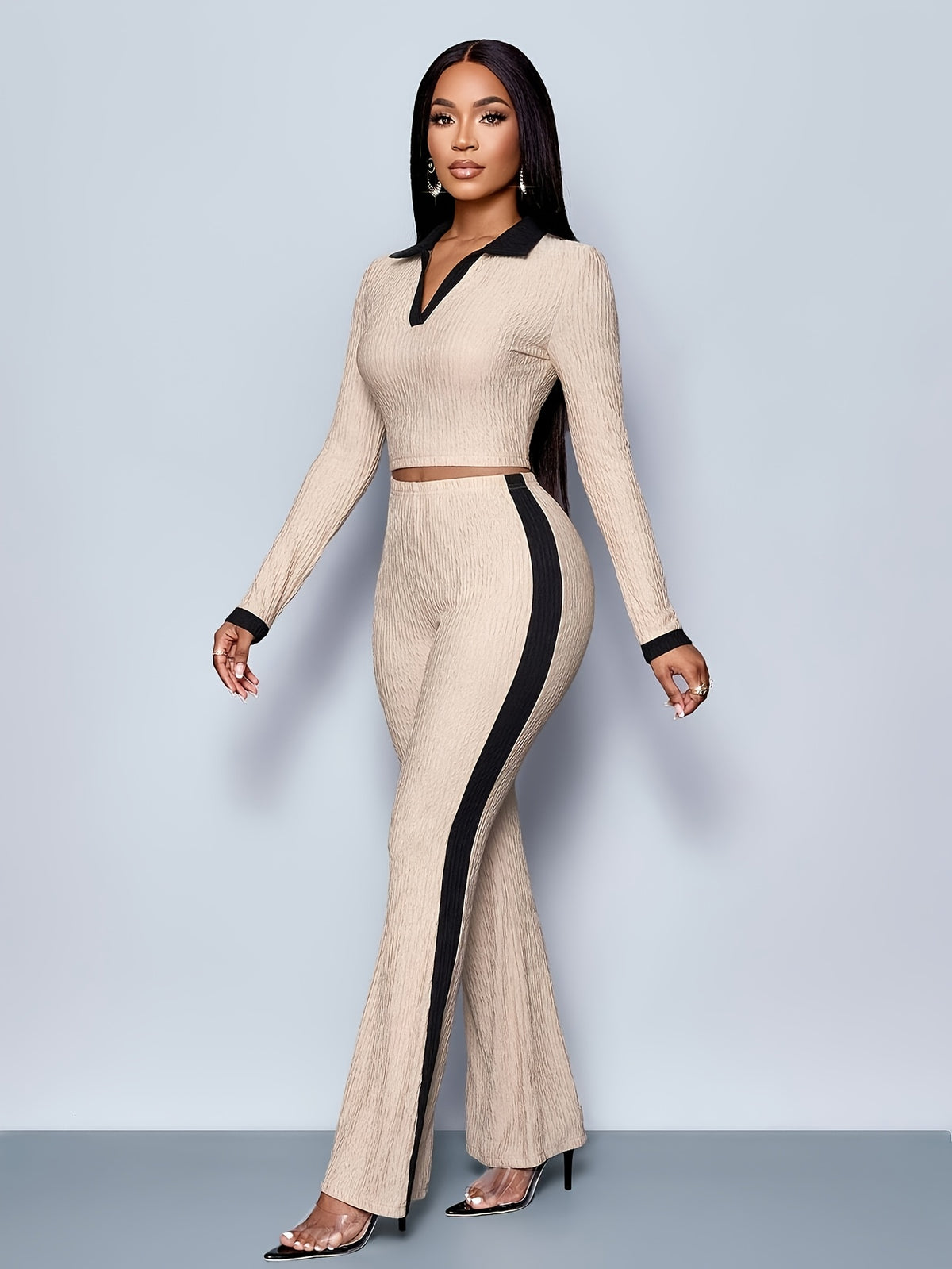 Elegant Long-Sleeve Polo Top & Contrast Flared Pants Set - ayq