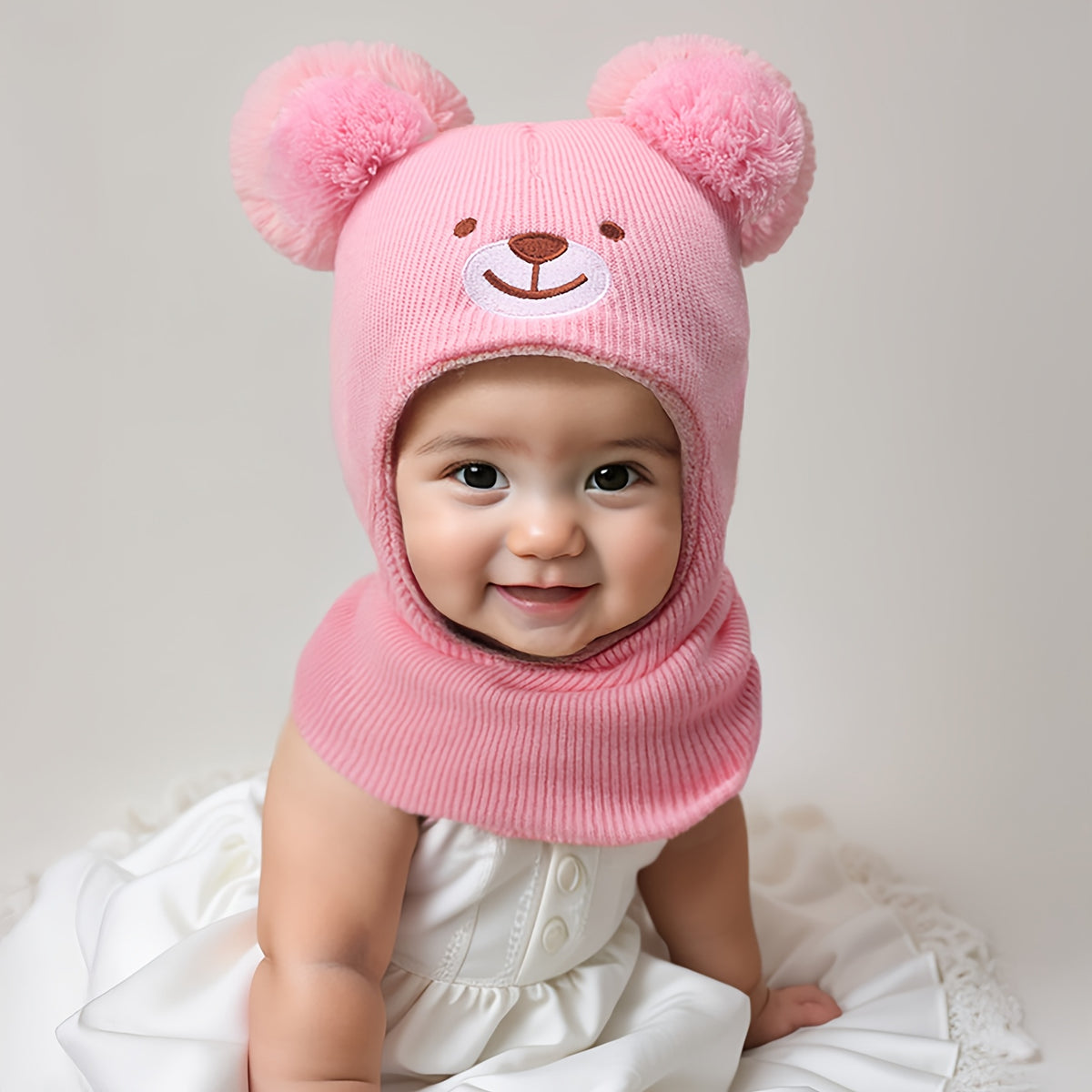 Toddler Bear Knit Balaclava Hat with Pom-Poms for Winter