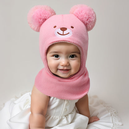 Toddler Bear Knit Balaclava Hat with Pom-Poms for Winter