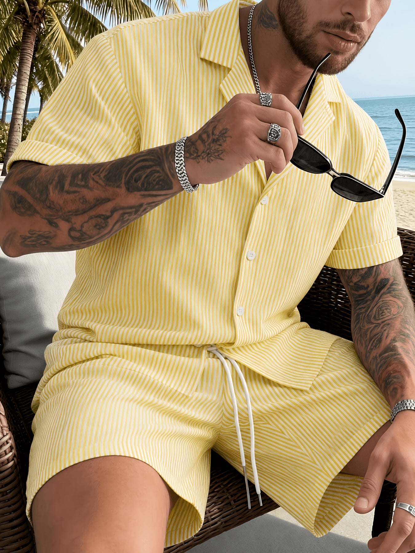 Men's Casual Breathable Bubble Stripe Pajama Set with Drawstring