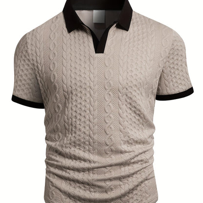 Summer Breathable Italian-style Color-blocked Light-mature Trendy Men's Shirt with V-neck, Slight Stretch, Jacquard Texture, Slim-fit Short Sleeves, Knitted - ayq