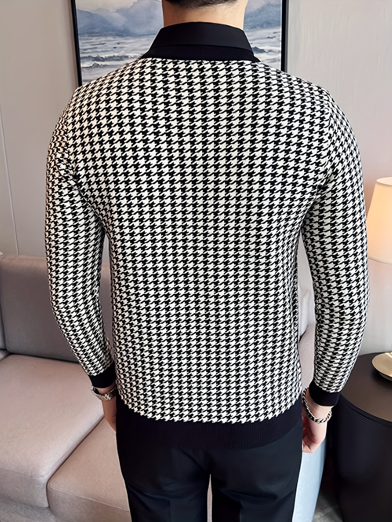 New Men'S Houndstooth Color-Blocked Sweater, Casual Pullover with Round Neck And Long Sleeves, Knit