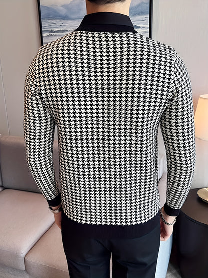 New Men'S Houndstooth Color-Blocked Sweater, Casual Pullover with Round Neck And Long Sleeves, Knit