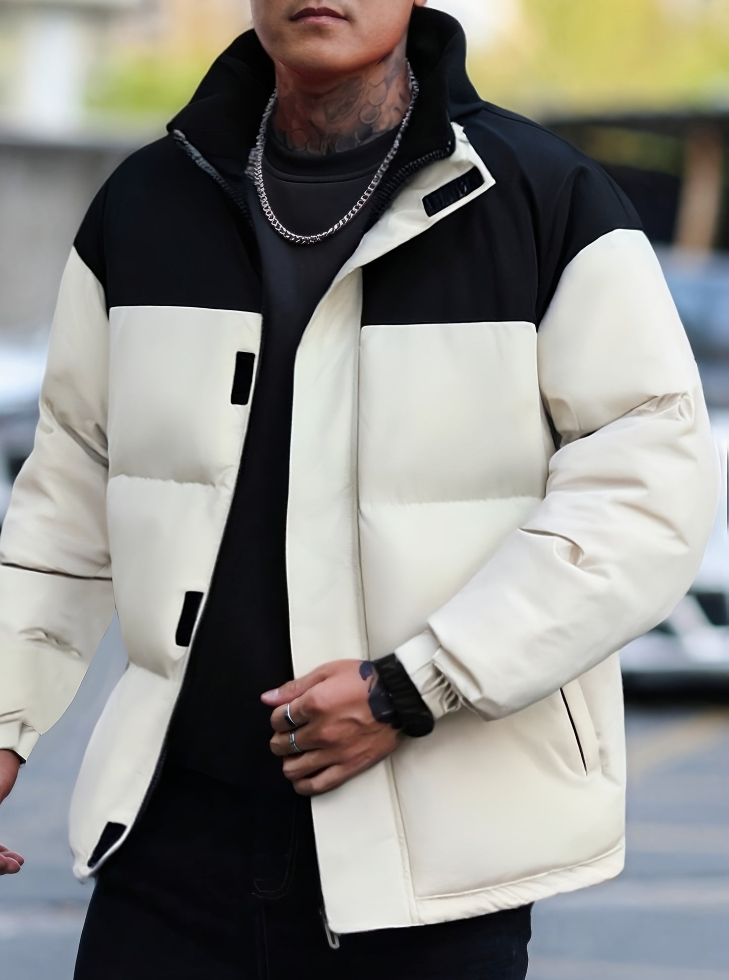 Men's Winter Color-Block Jacket with Stand Collar - Black & Casual Outdoor Warm Coat, Polyester-Filled Zipper Front, Regular Fit for Cold Weather, No Stretch Fabric