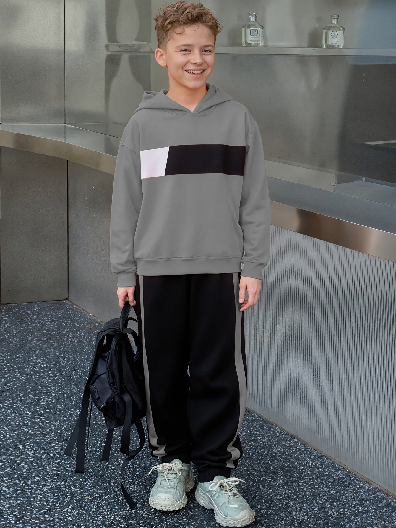 2pcs Boys' Winter Hooded Sweatsuit & Pants - Warm Sweater Outfit with Matching Long Pants, Colorblock Hoodie (Suitable for & Big Kids) - Machine Washable 2pcs set, Perfect for Outdoor