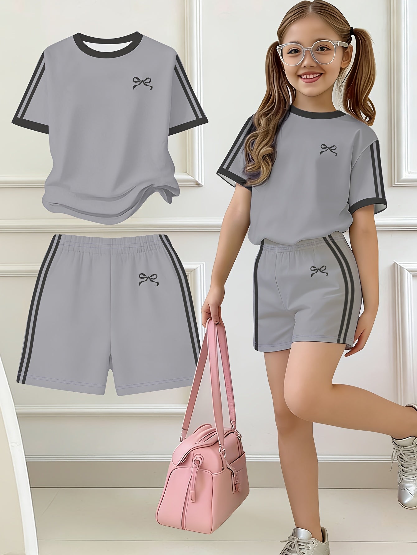Girls' Butterfly Print Bow Short Sleeve Tee & Shorts Set