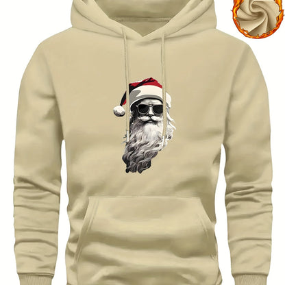 Men'S Heavyweight Hooded Sweatshirt with Santa Claus & Santa Hat Print - Thick Winter Pullover, Long Sleeve Hooded Sweater for Christmas, Halloween, New Year'S - Cozy Cold Weather Clothing For Men, Couples, Family - Ideal Hol