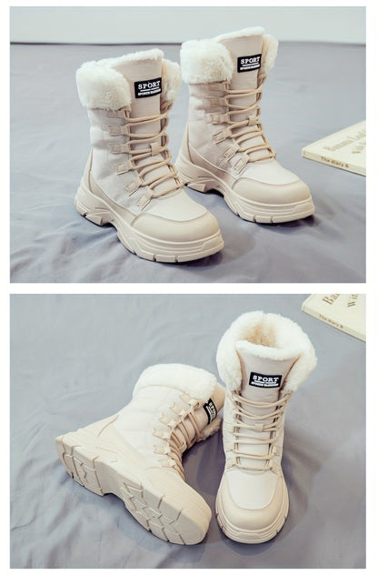 Women'S Winter Boots - Thick Platform Sole for Height & Traction, Lace-Up Mid-Calf Boots with PU Synthetic Cover Upper, Non-Slip PVC Outsole - Beige/White Cold Weather Shoes for Everyday, Formal, Party - Easy-Clean & Durable