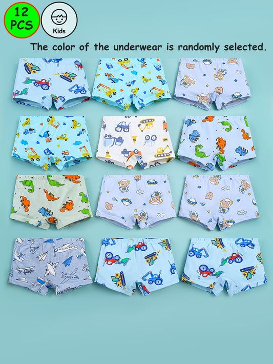 12-Pack Boys' Cotton Boxer Briefs Cartoon Design Comfort Fit