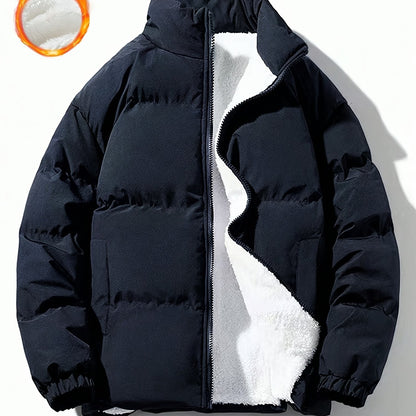 Yilong OBM Men's 2025 Fleece-Lined Winter Coat - Stand Collar Padded Insulation, Machine Washable Polyester, Solid Color Casual Jacket with Zipper Closure for Cold Weather, Winter Jacket, Outdoor Clothing, Minimalist Design,