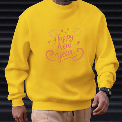 Men'S Happy New Year Sweatshirt - Light Grey with Orange Lettering - Regular Fit Crewneck Pullover for New Year'S Eve, NYE Parties & Casual Attire - Non-Permanent Celebration Sweater for Everyday & Special Occasions, New Year