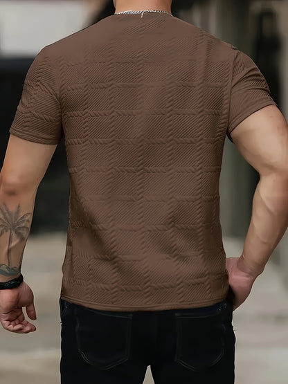Men'S Casual Jacquard Knit Short-Sleeve T-Shirt - Featuring a Stylish Geometric Pattern, Round Neck, Comfortable for All Seasons, Perfect for Casual Wear - ayq