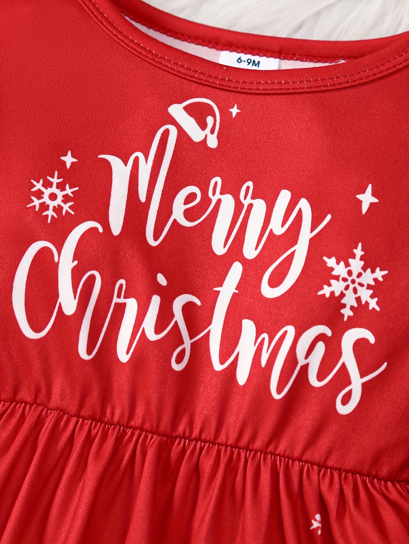 Festive Toddler Girl's Long Sleeve Ruffle Trim Dress with Santa and Snowman Print - Polyester Blend with Slight Stretch, Casual Knit Fabric Playwear for Spring/Fall