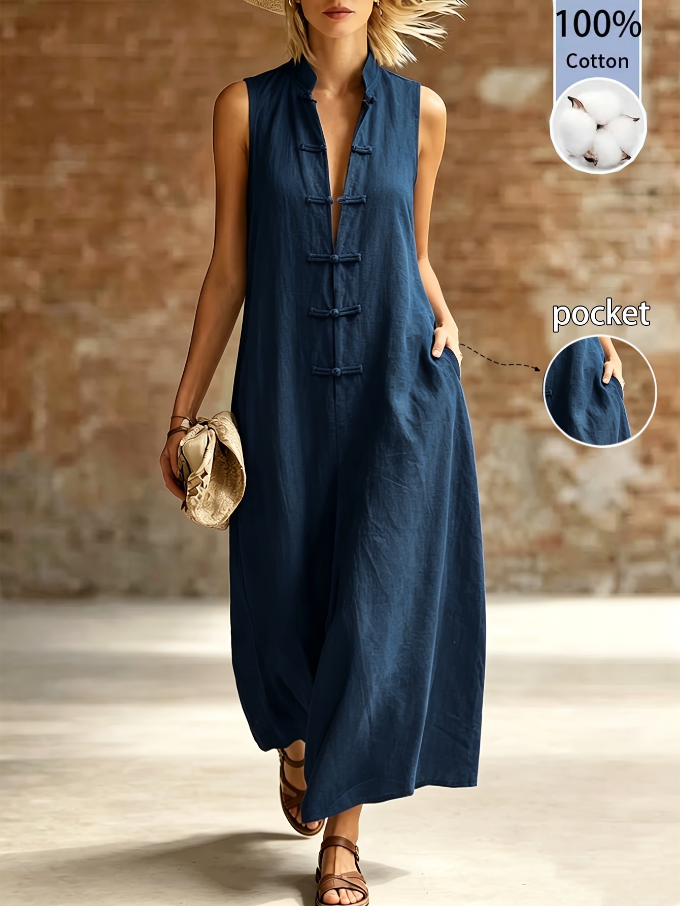 Women’s Sleeveless Stand Collar Cotton Dress for Summer
