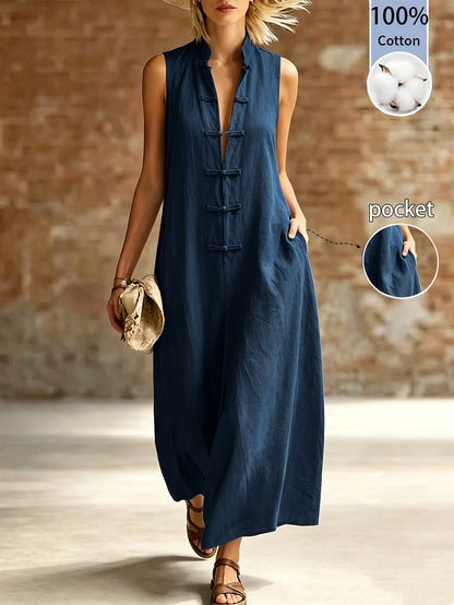 Women’s Sleeveless Stand Collar Cotton Dress for Summer