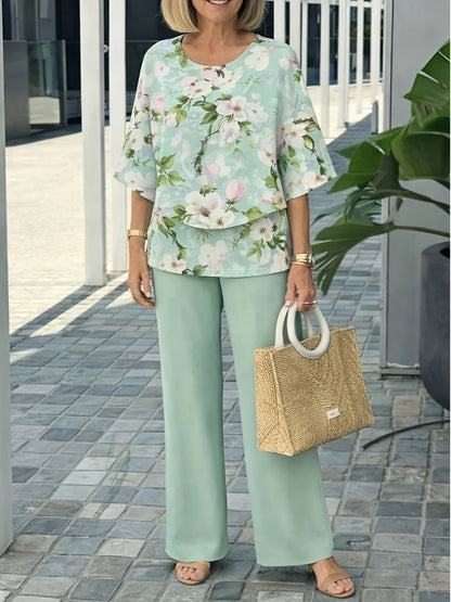 Women's Elegant Floral Pantsuit Set Short Sleeve for Spring