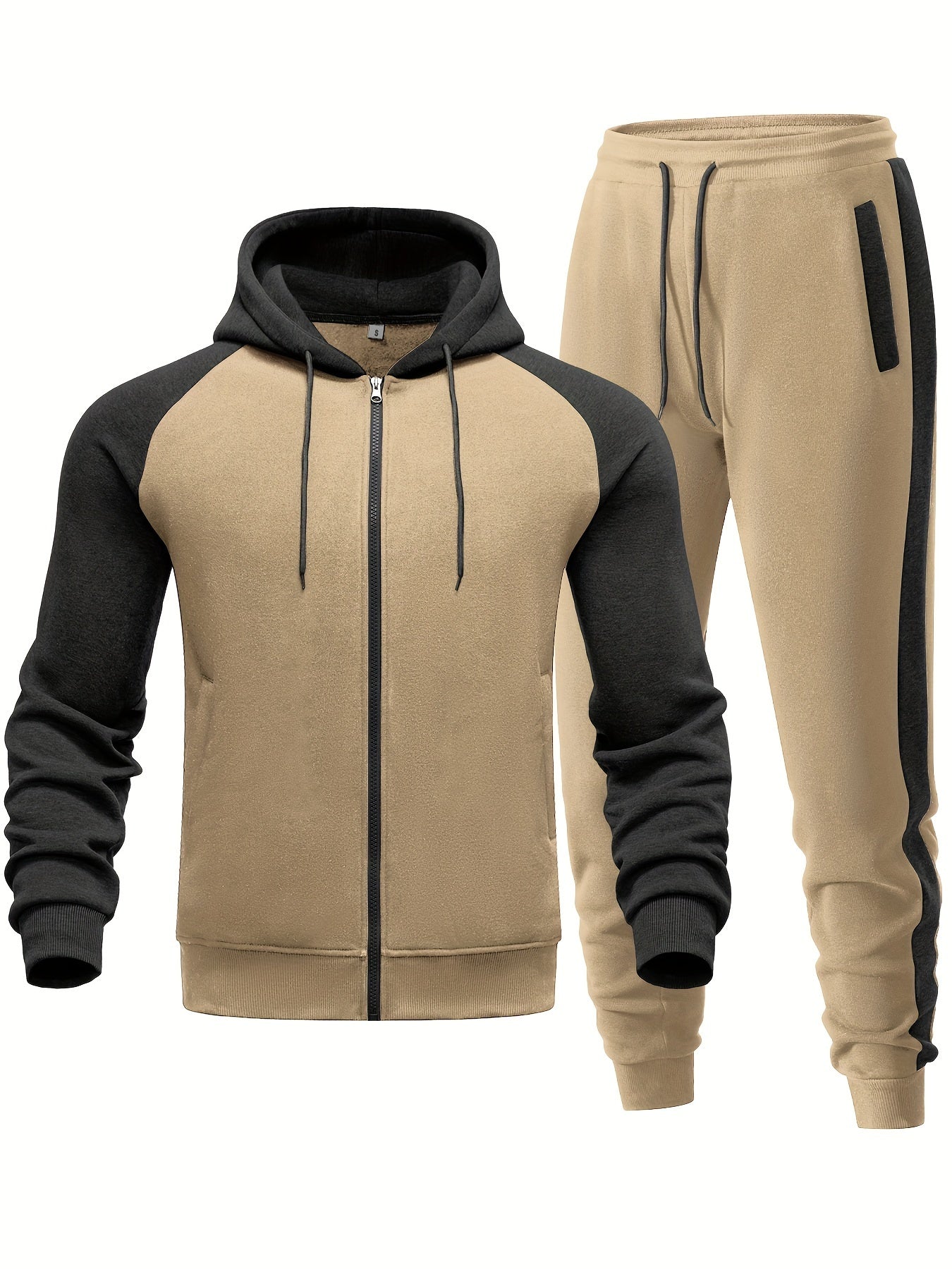 Men'S Casual Sports Hoodie Two-Piece Set with a Color-Blocked Design, Featuring a Zip And Drawstring Waist, Suitable for Jogging in All Seasons