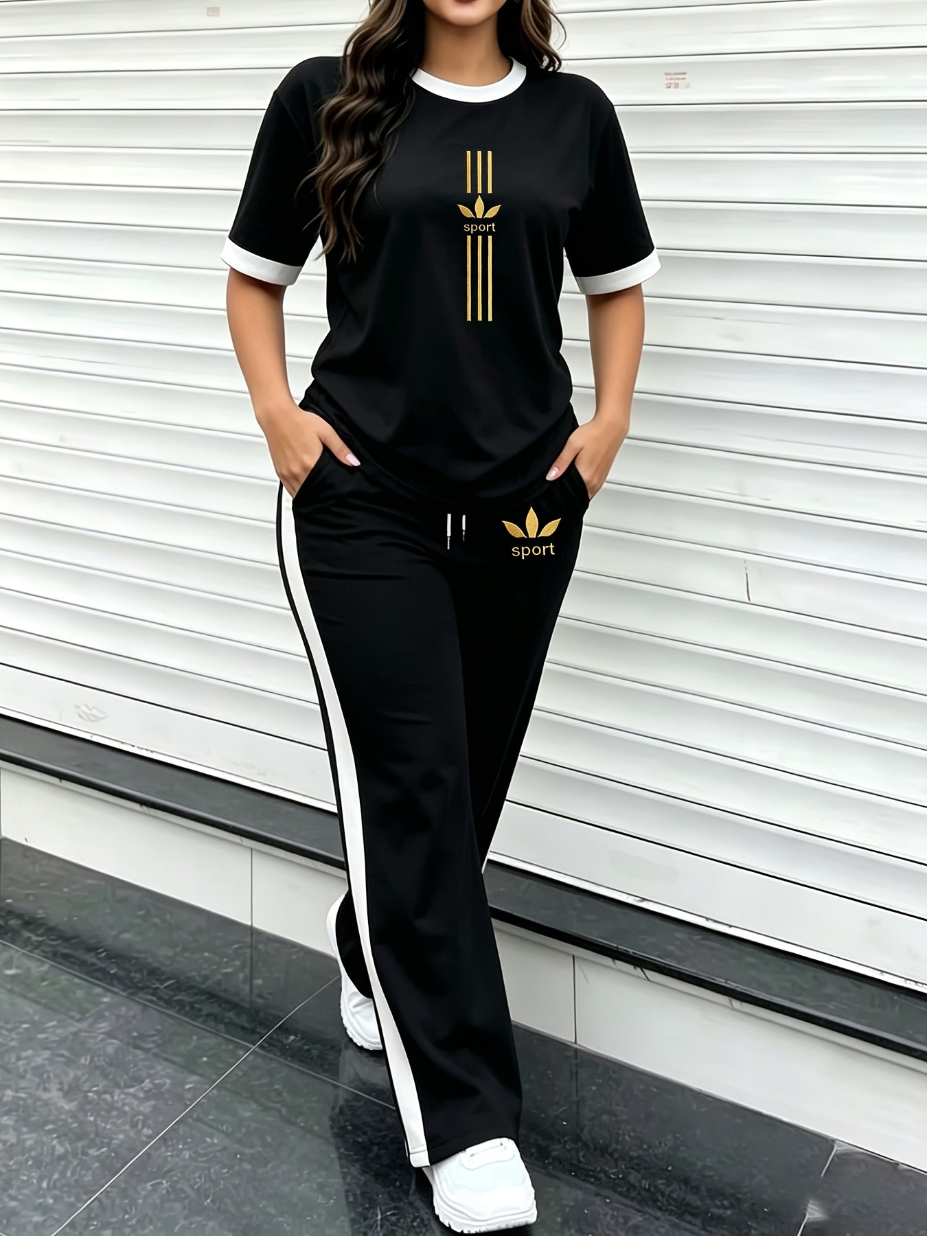 Women's Casual Letter Logo Short-Sleeve T-Shirt & Wide-Leg Pants Set
