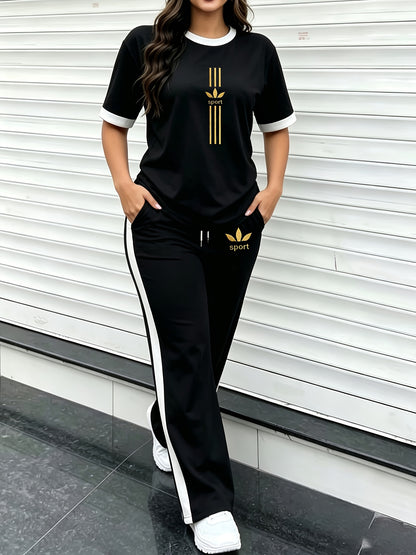 Women's Casual Letter Logo Short-Sleeve T-Shirt & Wide-Leg Pants Set