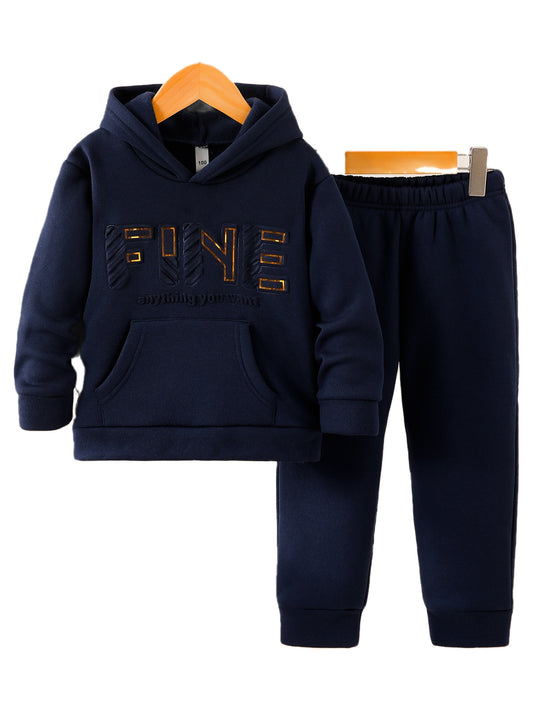 Autumn Winter Solid Color Fleece Hoodie Long Sleeve Letter Embossed Print Pockets Top Daily Versatile Sports Casual Warm Pants 2pcs Set, DONABEBE, for Outdoor