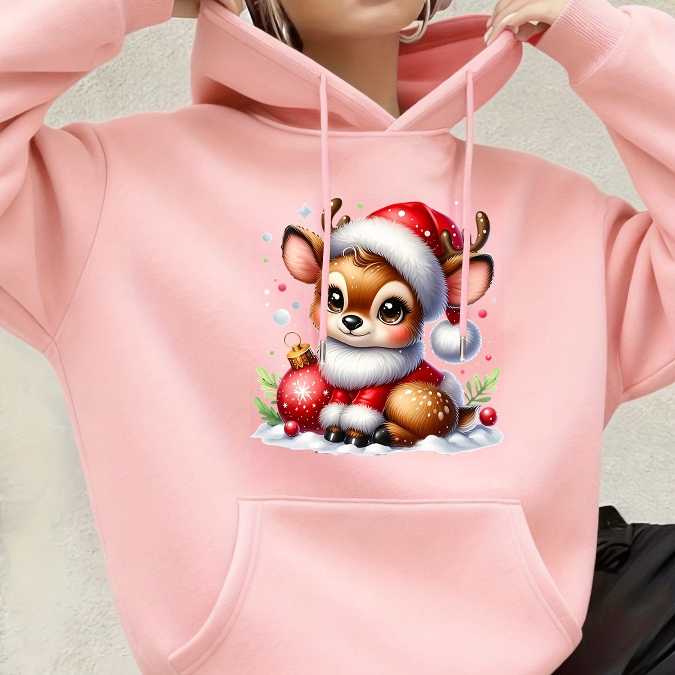 Women's Hooded Sweatshirt, Christmas Fashion Loose Elegant Long Sleeve Drawstring Hoodie, Atmospheric Print Red/Dark Green/Tender Pink/Violet Hooded Sweatshirt, Holiday Gift, Women's Clothing