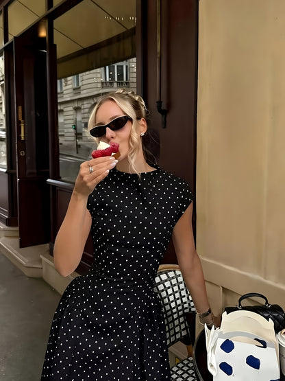 Women's Elegant Polka Dot Maxi Dress with Waist Cinch