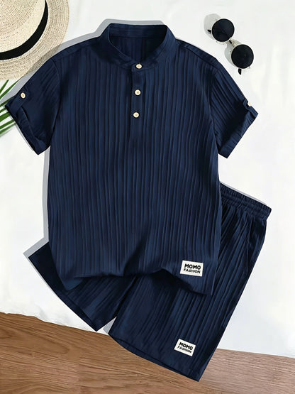 Men's Summer Casual 3-Button Henley Shirt & Drawstring Shorts Set