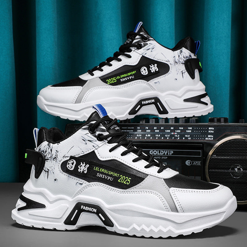 Men's Sneakers - Thick Platform Cushioned Sole, Lace-Up Closure, PU Upper  Non-Slip PVC Outsole - All-Season Gym, Casual, Everyday Sneakers - Black/White Colorway - Affordable Men's Footwear, Casual Walking, Trendy Kicks, Co