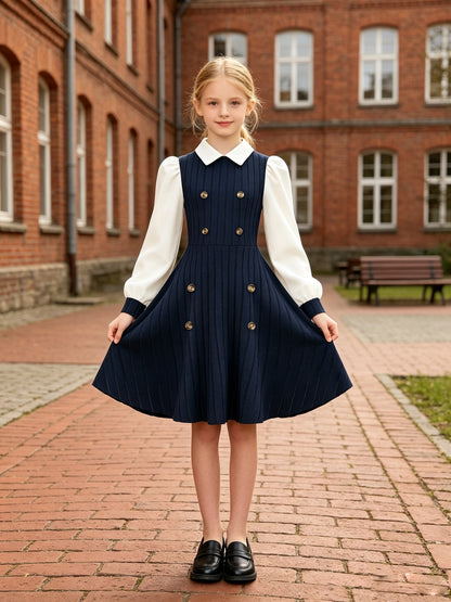 Girls' Preppy Knit A-Line Dress for Autumn & Spring