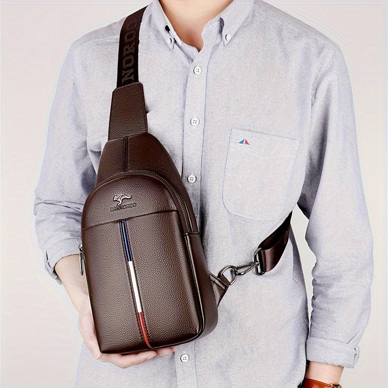 DARWNORO Men's Stylish PU Leather Sling Bag - Casual Shoulder & Crossbody Bag with Zipper Closure, Brown with White & Red Accents, Perfect for Daily Commute, Motorcycle Inspired Design, PU Leather Crossbody Bag