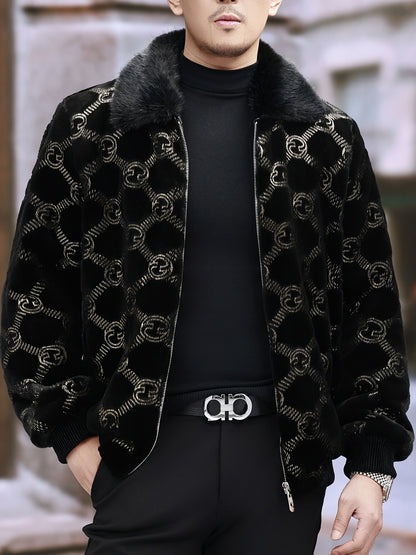 Men'S Winter Faux Fur Jacket | Black & Golden Contrast Design | Notch Lapel Collar | Zippered Closure | Polyester Lining | Stylish & Functional for Formal Occasions, Winter Outerwear | Contrast Color Jacket | Notch Lapel Coll