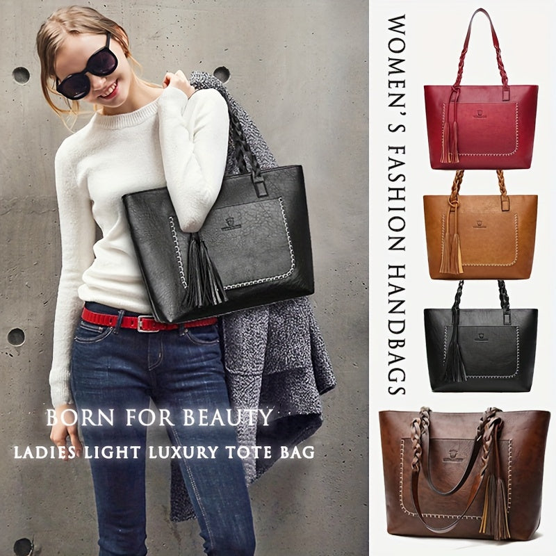 Elegant Large-Capacity Women’s PU Tote Bag with Tassel