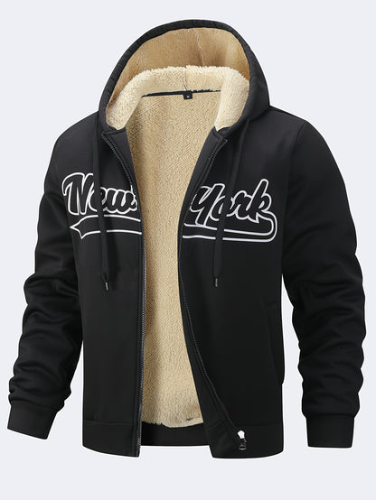 Men'S Cozy Fleece-Lined Hooded Jacket with "LA" Lettering - & Yellow Color Block, Zip-Up Casual Outerwear, Long Sleeves, Pockets, Perfect for Fall & Winter, Casual Winter Wear | Hooded Jacket | Zippered Jacket