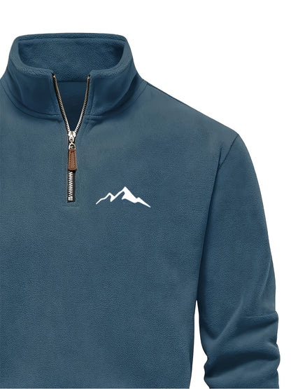 Men's Heavy-Duty Fleece-Like Winter Jacket with Full-Zip Closure & Mountain Logo Embellishment - Stand Collar Long Sleeve H-Shape Silhouette, Brown/White, Machine Washable Cold Weather Skiing & Outdoor Coat (No Belt)