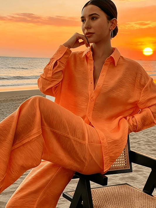 Elegant Solid Color Vacation Set: Loose Long-Sleeve Shirt & Wide-Leg P
