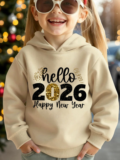 Girls' 2026 New Year'S Hooded Sweatshirt - Hello 2026 Happy New Year Lettering, Mint Green with Golden Glitter Accent, Cozy Fleece Pullover for Christmas & New Year, Winter Casual Wear, Christmas Sweatshirt, Festive Clothing,