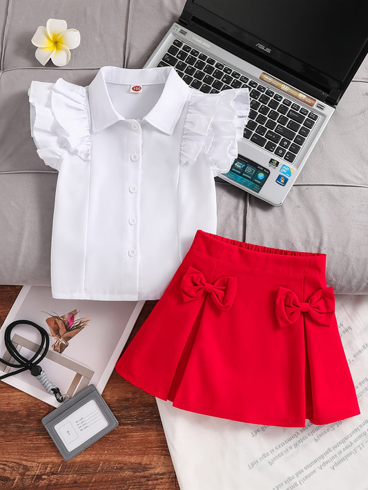 Girls' Summer Dressy 2-Piece Set with Flutter Sleeve Top & Skirt