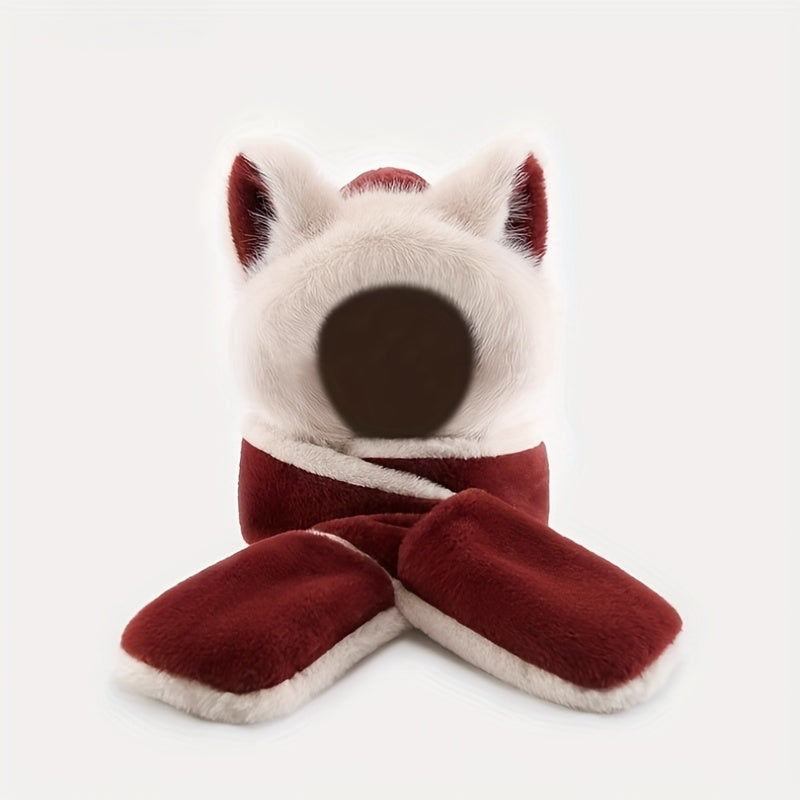 Women's Fox Ear Hat 3-in-1 with Scarf & Gloves - Winter Warm Windproof Cute Fox Ears, Lightweight Jacket-Compatible for cold Weather, Hand Washable Maomao Hat for, New Year & Holiday Outfits (Non-Stretch)