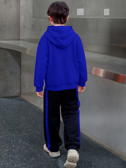 2pcs Boys' Winter Hooded Sweatsuit & Pants - Warm Sweater Outfit with Matching Long Pants, Colorblock Hoodie (Suitable for & Big Kids) - Machine Washable 2pcs set, Perfect for Outdoor