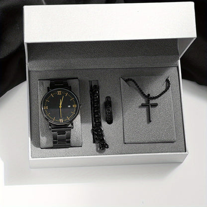 8pcs/set Men'S Black Minimalist Quartz Watch Set with Bracelet, Necklace, And Ring – Elegant Timepiece Gift Box for Casual And Formal Use, Box not included