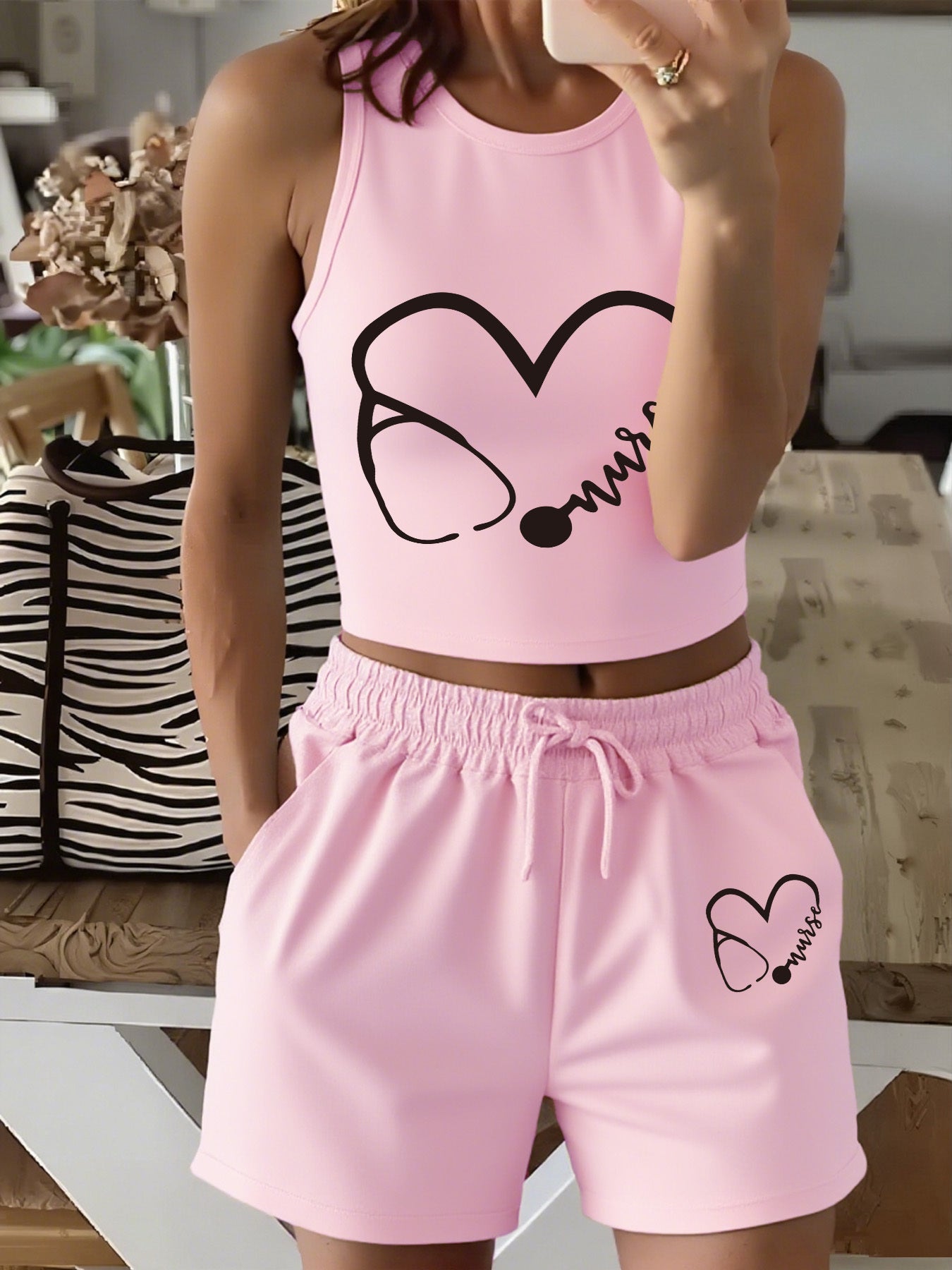 Women's Casual Vest and Shorts Set with Drawstring Detail