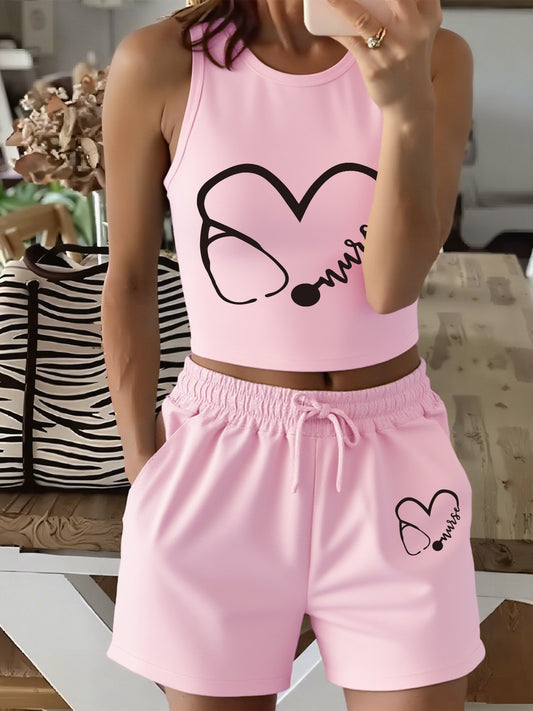Women's Casual Vest and Shorts Set with Drawstring Detail
