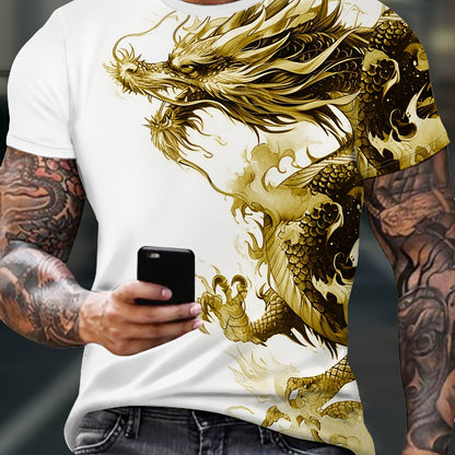 Men's Bold Dragon Graphic Tee - Short Sleeve, Crew Neck, Polyester Blend - Perfect for Summer Outings  Casual Wear