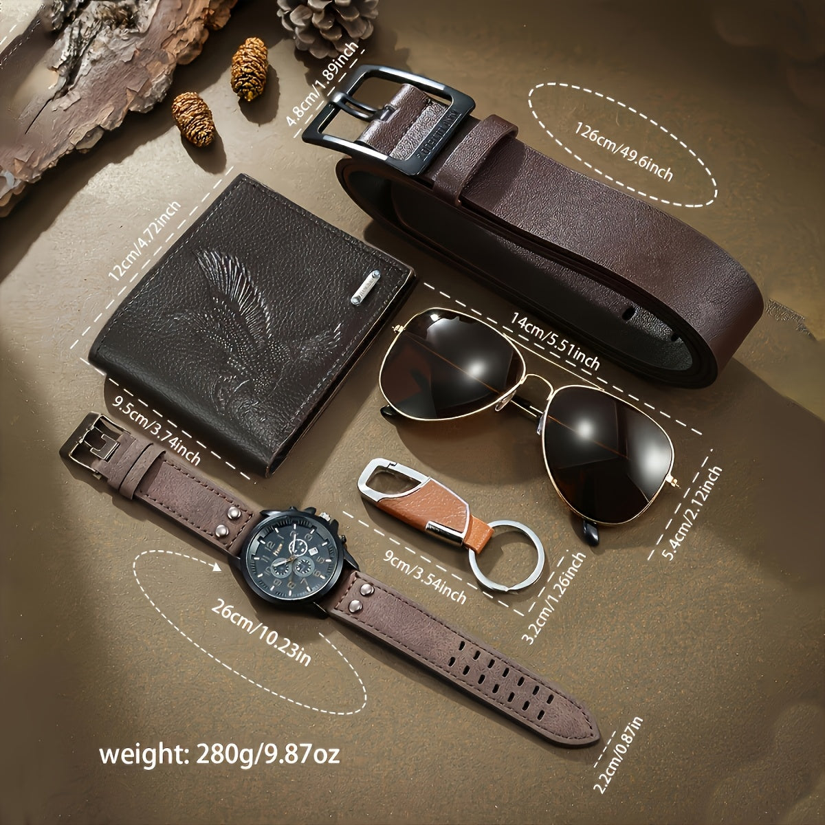 Classic 5pcs Men'S Fashion Casual Luxury Business Watch Set + Cool Fashion Glasses + Simple Wallet Belt Keychain, Perfect Party Holiday Gift