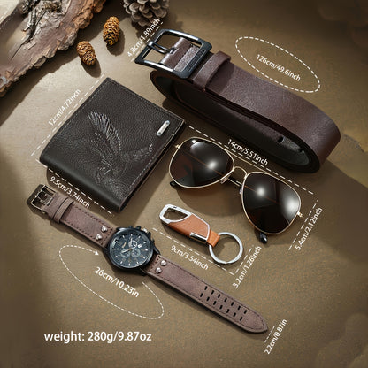 Classic 5pcs Men'S Fashion Casual Luxury Business Watch Set + Cool Fashion Glasses + Simple Wallet Belt Keychain, Perfect Party Holiday Gift