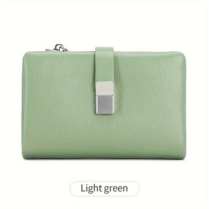 A Compact Trifold Wallet Made of Soft PU in a Solid Color, Featuring Metal Accents. It Includes a Zippered Coin Pocket, Card Slots, And an ID Window, Suitable for Credit Cards, ID Cards, Cash, And Coins. This Modern, Lightwei