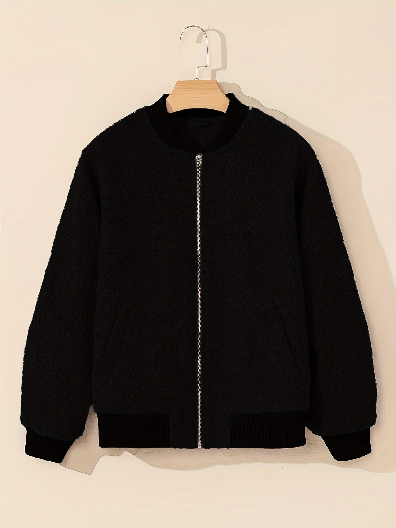 Women'S Elegant Casual Baseball Collar Jacket - Long Sleeve Zip-Up Coat with Asymmetrical Hem, Non-Stretch Fabric, Regular Fit for Spring/Fall, Casual Outerwear, Spring Fall Clothing, Chic Layering Piece, Durable Construction