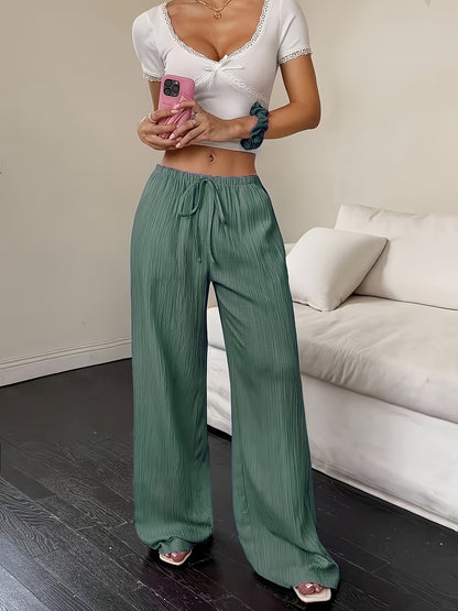 Women's Casual Wide Leg Pants with Elastic Waist and Pockets